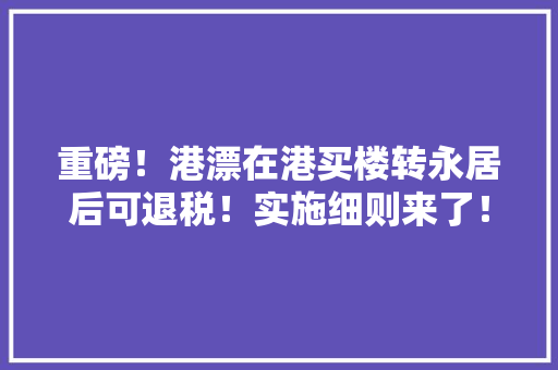 重磅！港漂在港买楼转永居后可退税！实施细则来了！